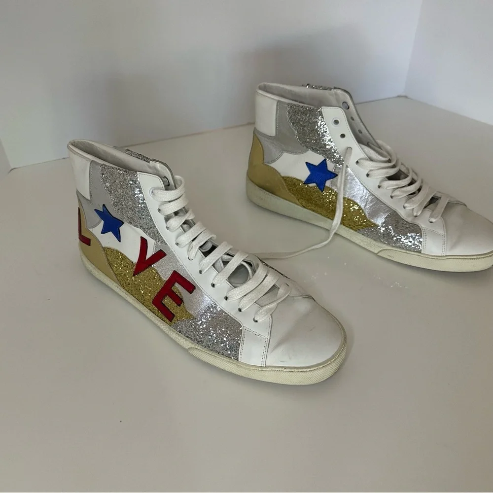 YSL Mid top sneaker with appliqué “Love” “Stars” and glitter panels 43.5 - Picture 4 of 12